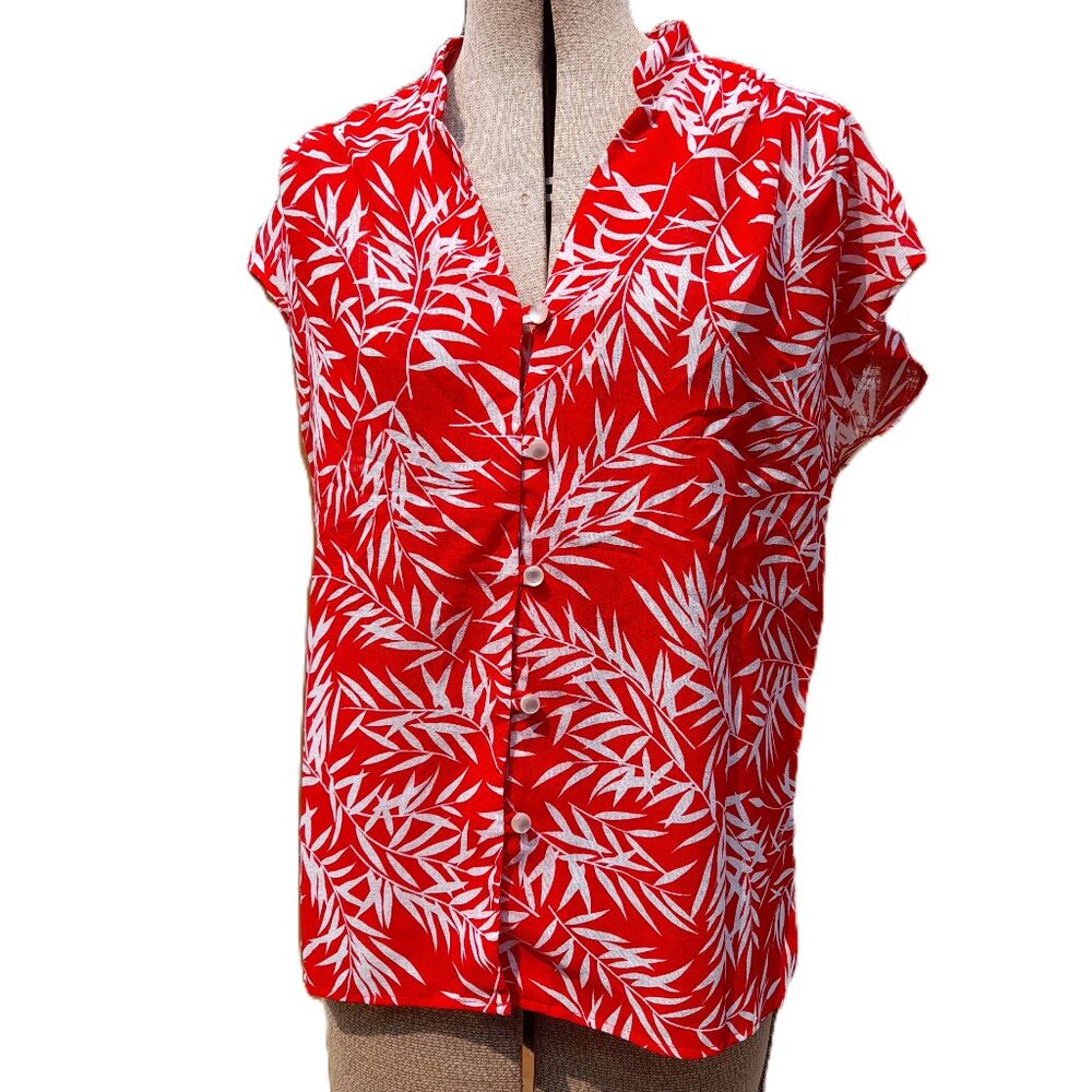 Vintage Sleeveless Blouse Red White Tropical Leaf Size 14 39" Bust